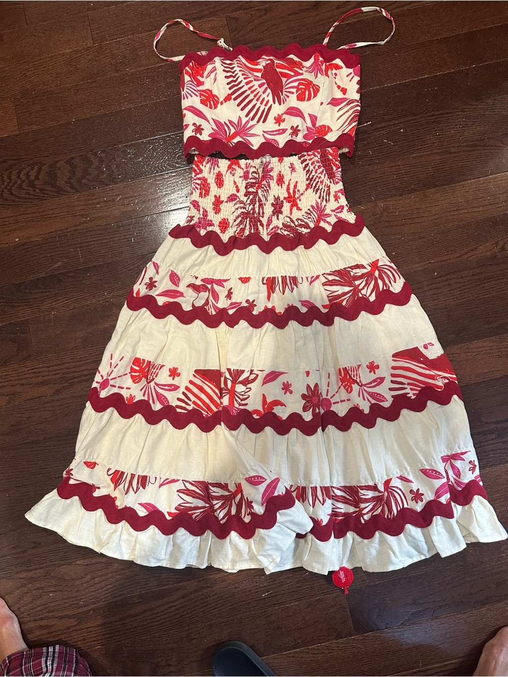 Caroline Constas Red and White Tiered Tropical Sundress